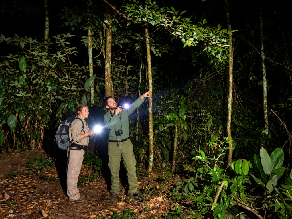Guests on a guided night walk near Little Monkey Camp and Kibale Forest