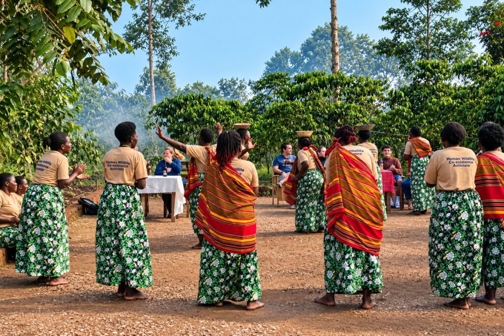 Local women's community group performing traditional dance near Kibale