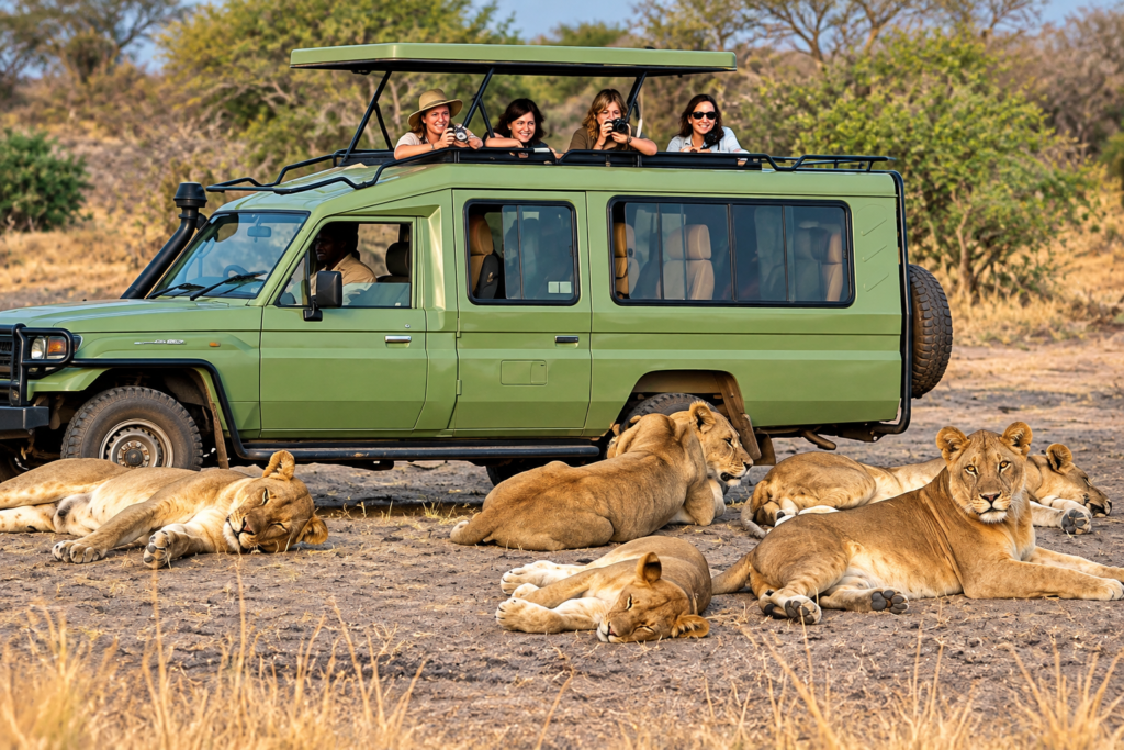 Lions resting beside a safari vehicle on the savannah