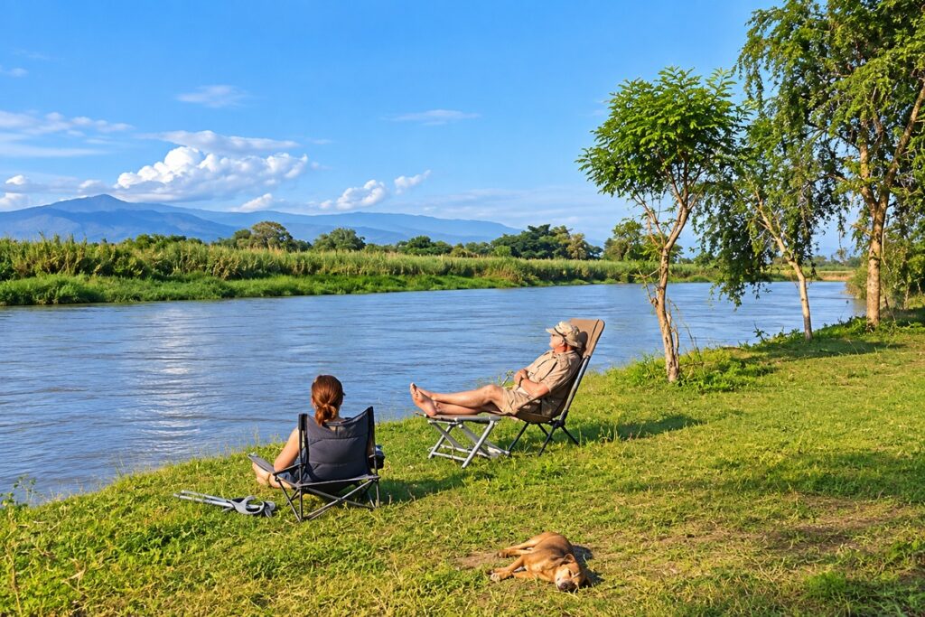 Guests relaxing beside the river at Semliki Fishing River Camp