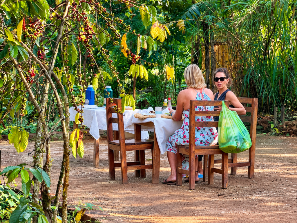 Guests enjoying vegan breakfast at Little Monkey Camp near Kibale Forest