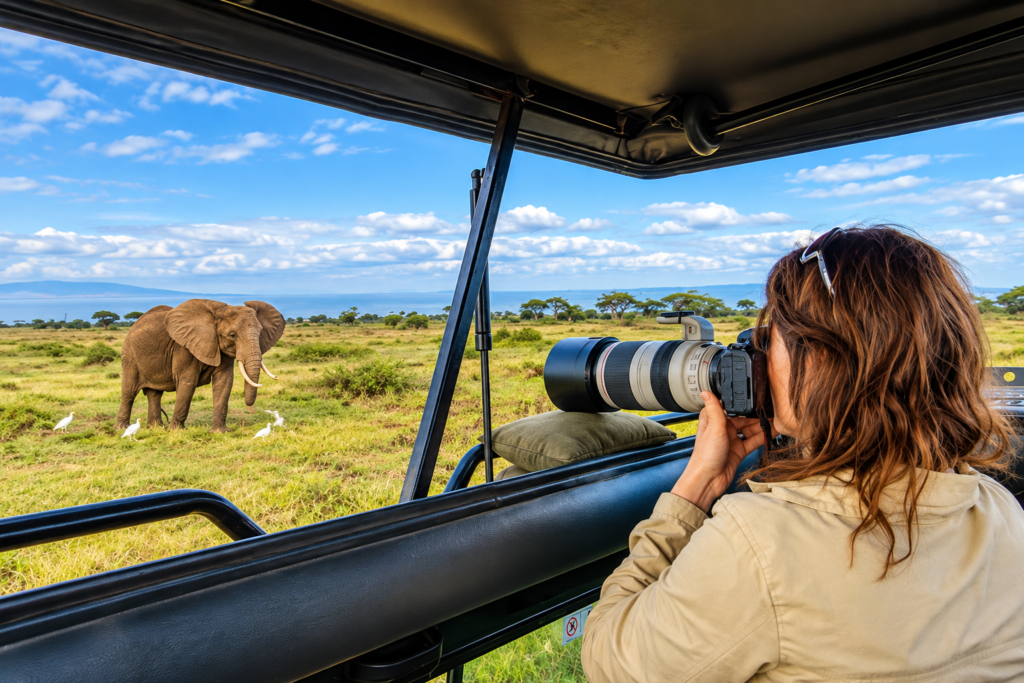 Wildlife photographer photographing an elephant from a safari vehicle
