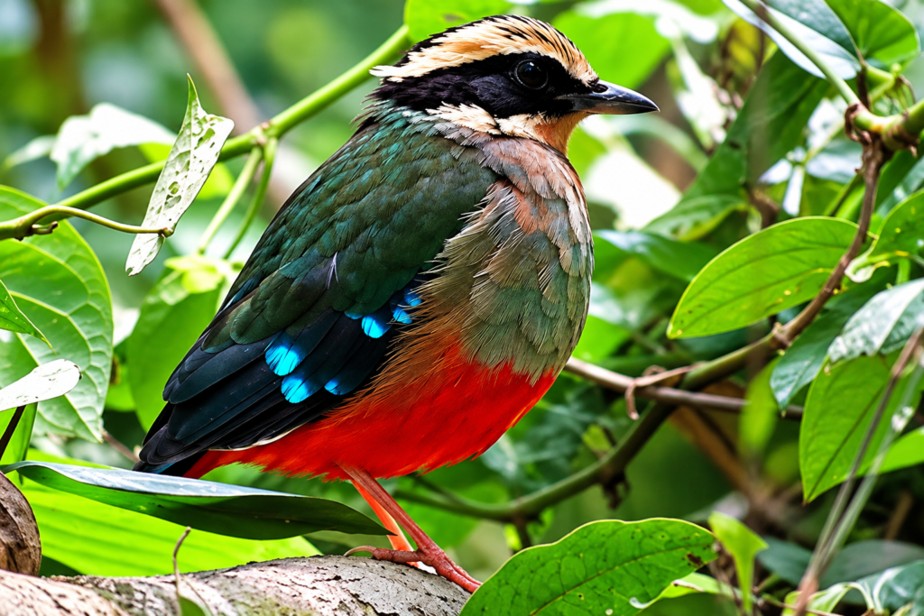 African pitta perched in tropical forest vegetation