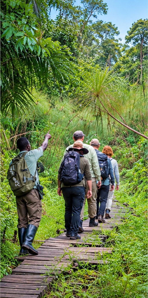 Visitors on a guided wetland nature walk