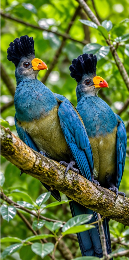 Great blue turacos perched in forest vegetation