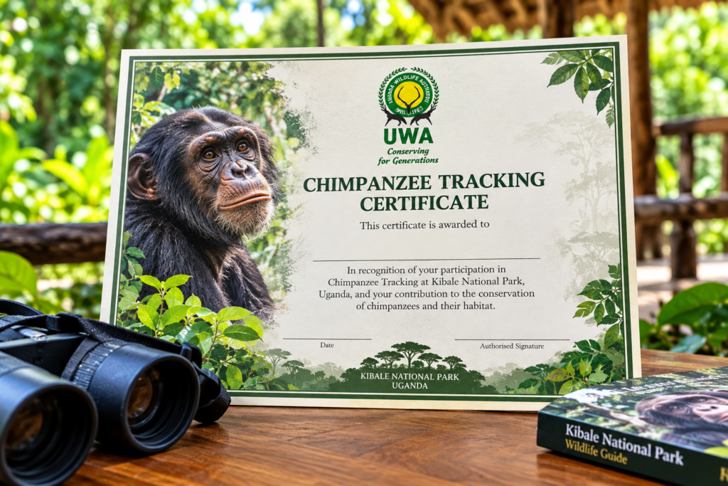 Kibale chimpanzee trekking permits information illustrated by a UWA-branded chimpanzee tracking certificate displayed beside safari binoculars.