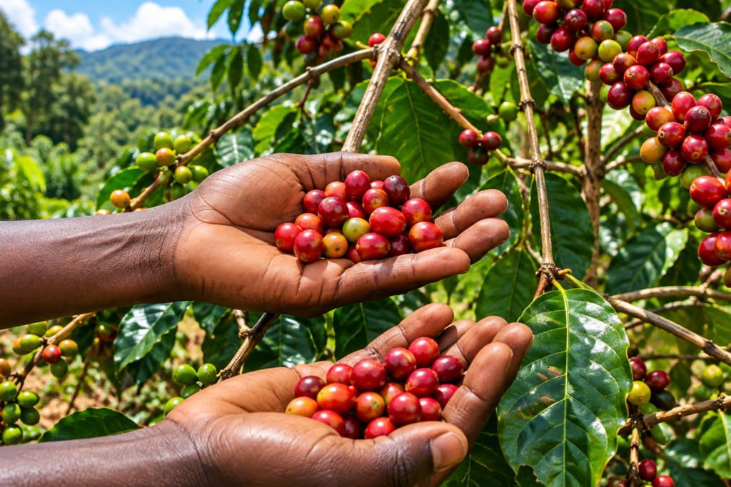 Ripe coffee cherries during a coffee tour in Kibale