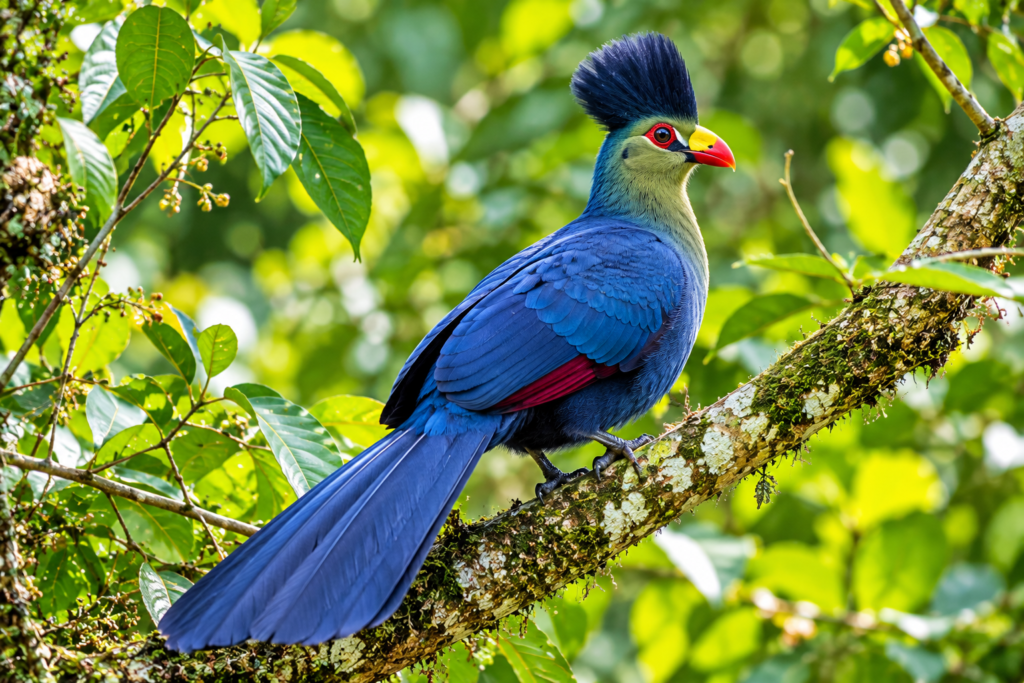 Great blue turaco perched in tropical forest vegetation