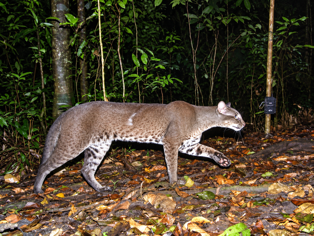 Dark grey African golden cat walking past a large tree trunk on a leaf-covered forest floor at night.
