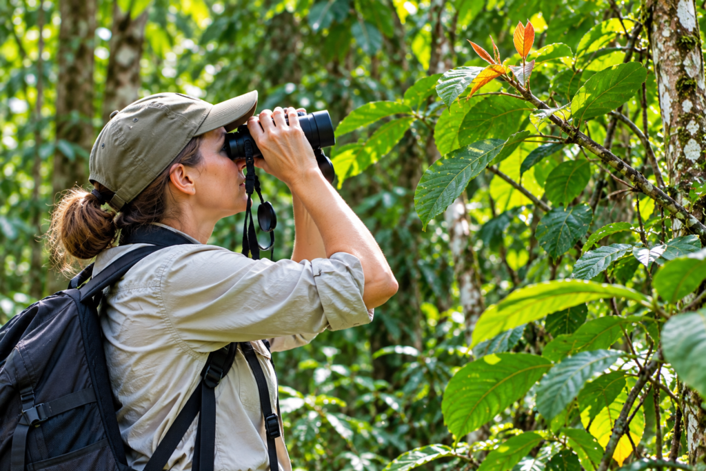 Birdwatcher exploring forest vegetation in Uganda