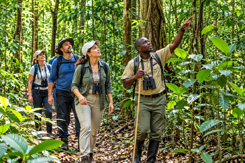 Birdwatchers using binoculars and cameras in tropical forest