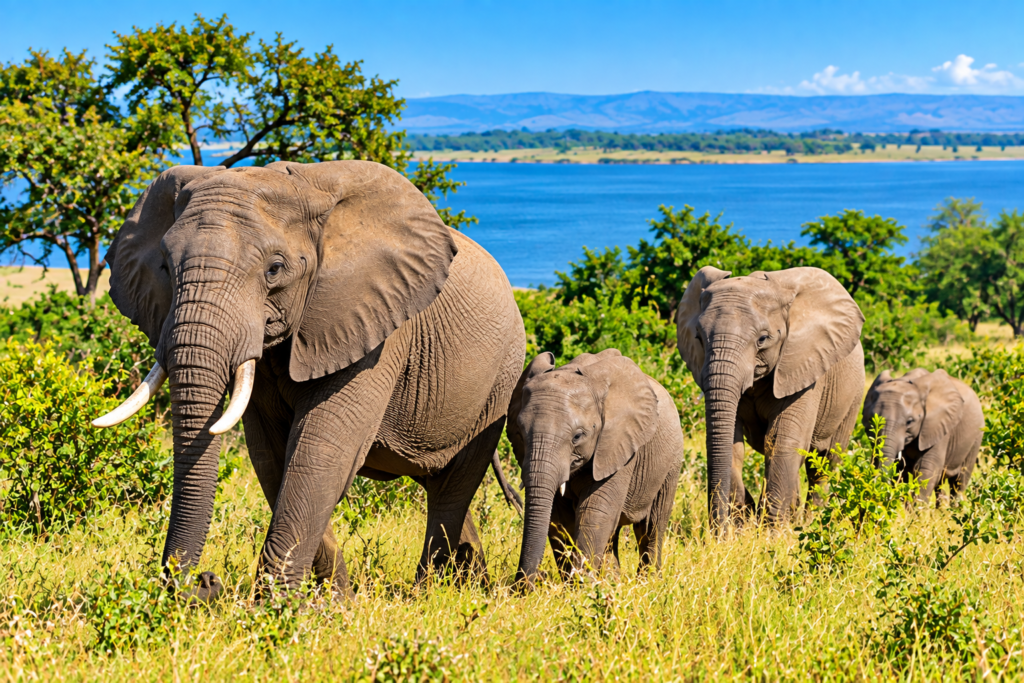 Elephants in savannah landscape near Lake Albert Uganda