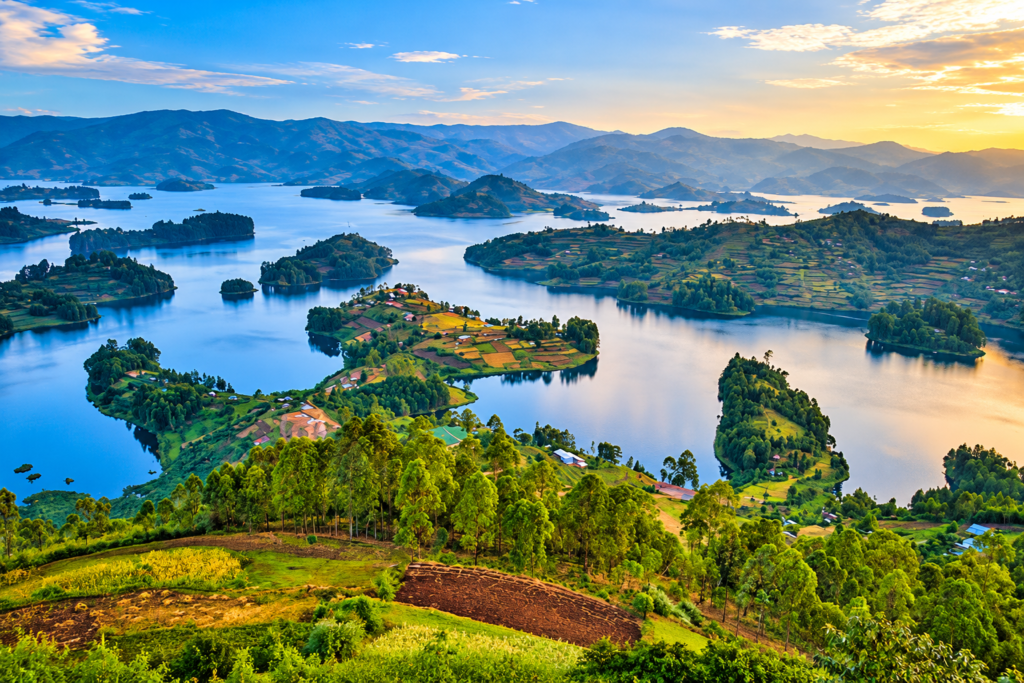 Panoramic view of Lake Bunyonyi and its beautiful islands during a Uganda Wildlife Primates Safari.