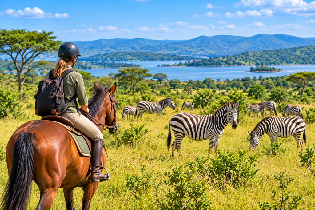 Tourist enjoying a horseback safari among zebras in Lake Mburo National Park during a Uganda Wildlife Primates Safari.