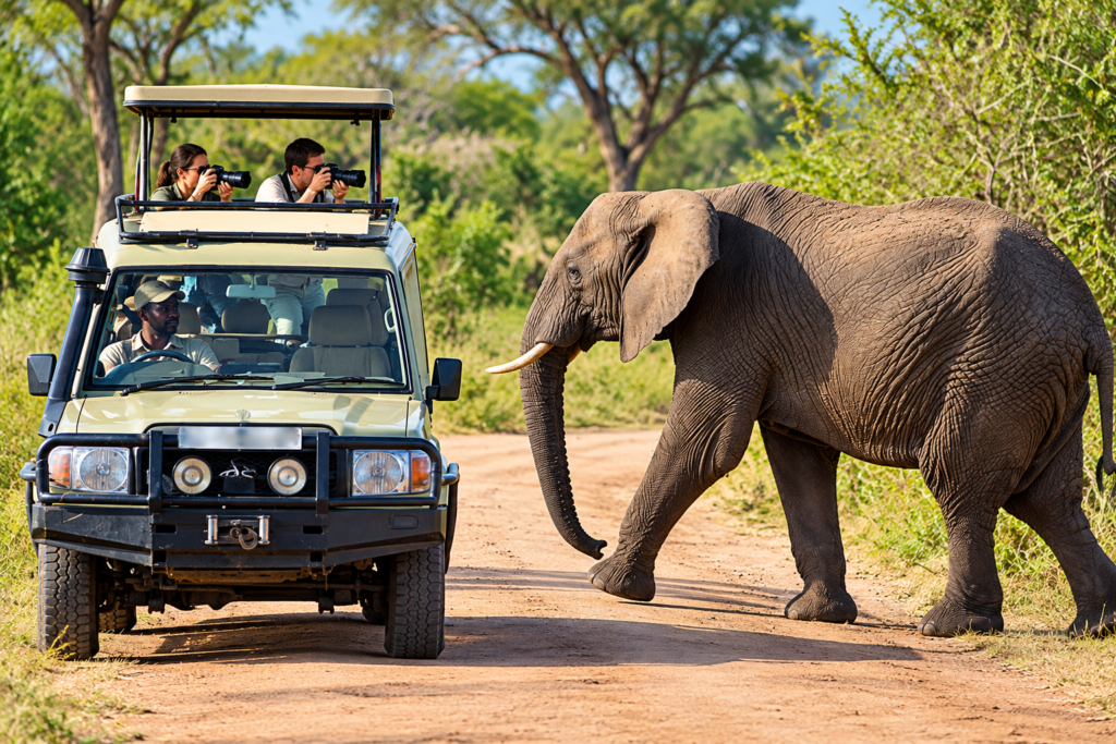 Elephant crossing near a safari vehicle