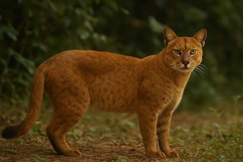 Reddish-brown African golden cat walking over rocks and fallen leaves in a tropical forest at night.