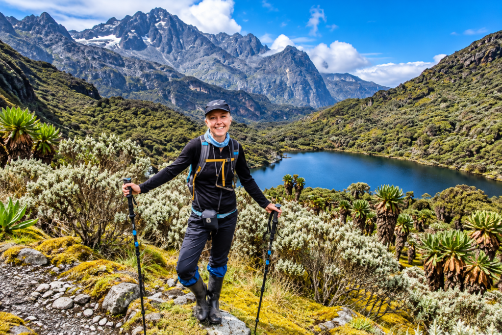 Hiker beside an alpine lake and mountain peaks