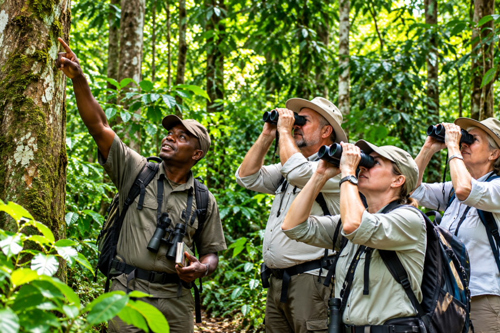 Birdwatchers using binoculars during a Uganda forest birding safari