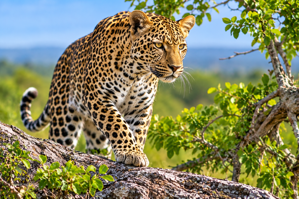 Close-up of an African leopard in its natural habitat during a Uganda Wildlife Primates Safari.